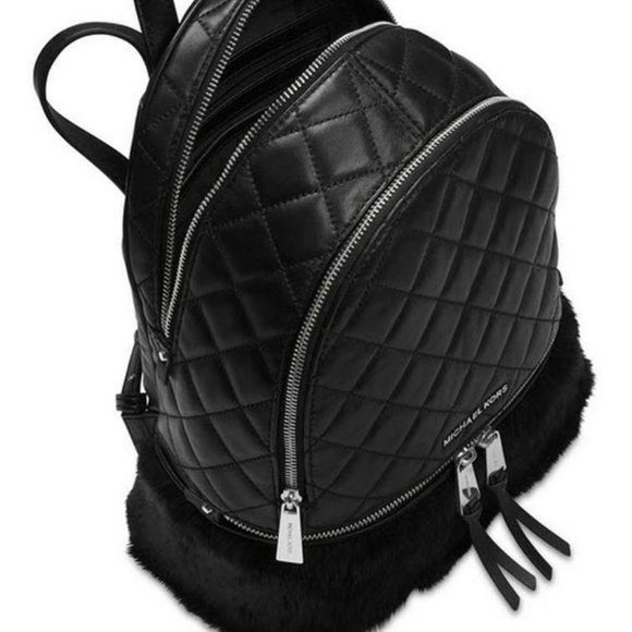 MICHAEL KORS RHEA ZIP MEDIUM BACKPACK BLACK QUILT LEATHER RABBIT FUR BAG NWT! - Picture 3 of 12